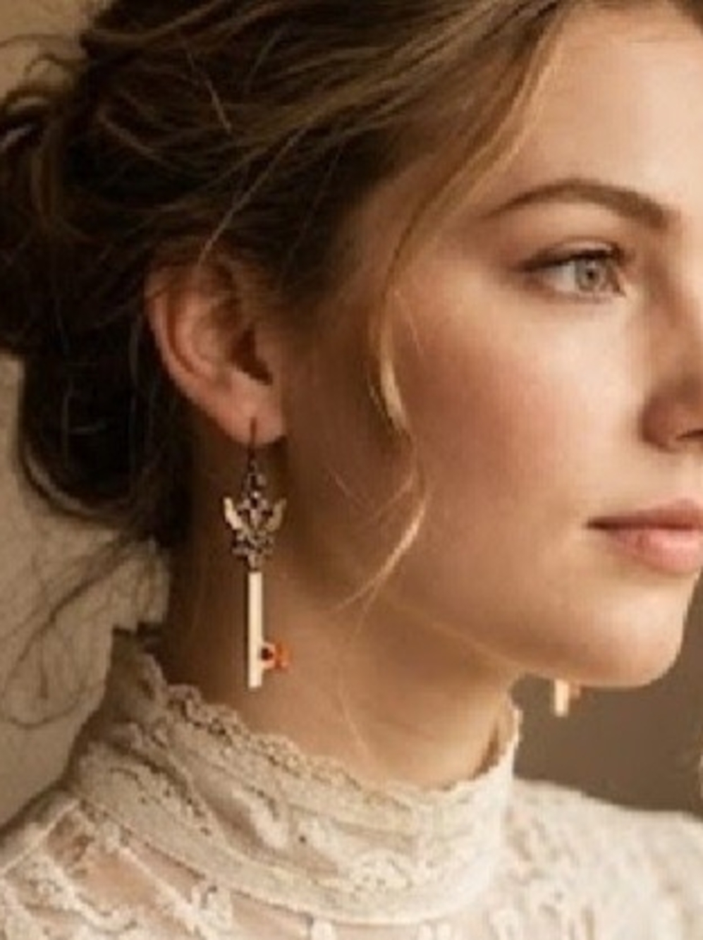 Delicate Key Drop Earrings in Cream and Gold